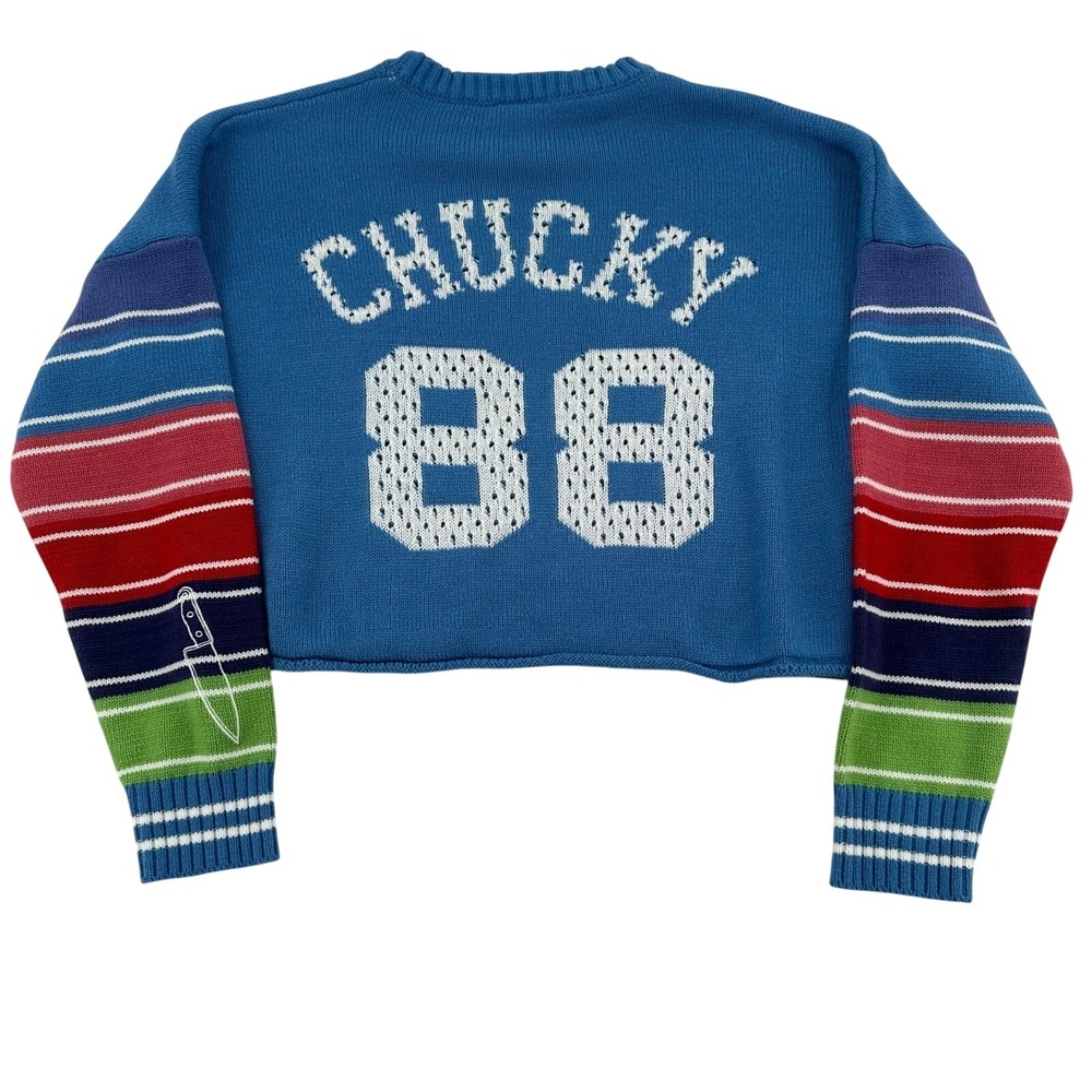 Chucky Good Guys Cropped Sweater Blue Striped Sleeve Horror Movie Women Large